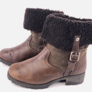 UGG Women's Brown Suede and Leather Shearling Cuffed Boots
